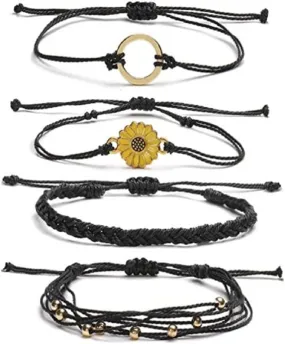 Fuqimanman2020 4 Pcs Summer Surfer Wave Sunflower Bracelets Set Anklet Adjustable Strand Braided String Rope Boho Waterproof Handmade Beach Jewelry for Women