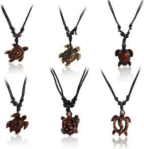 Fuqimanman2020 6pcs Artificial Bone Carving Sea Turtles Pendant Necklaces Set Hand Carved Adjustable Rope Cotton Yin Yang Hawaiian Surfer Natural Ocean Lucky Animals Amulet Jewelry for Women Men