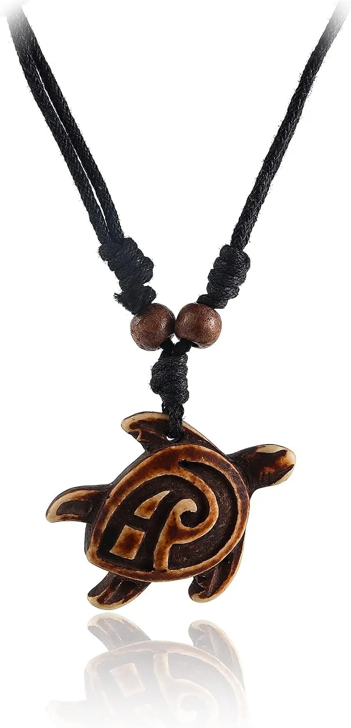 Fuqimanman2020 6pcs Artificial Bone Carving Sea Turtles Pendant Necklaces Set Hand Carved Adjustable Rope Cotton Yin Yang Hawaiian Surfer Natural Ocean Lucky Animals Amulet Jewelry for Women Men