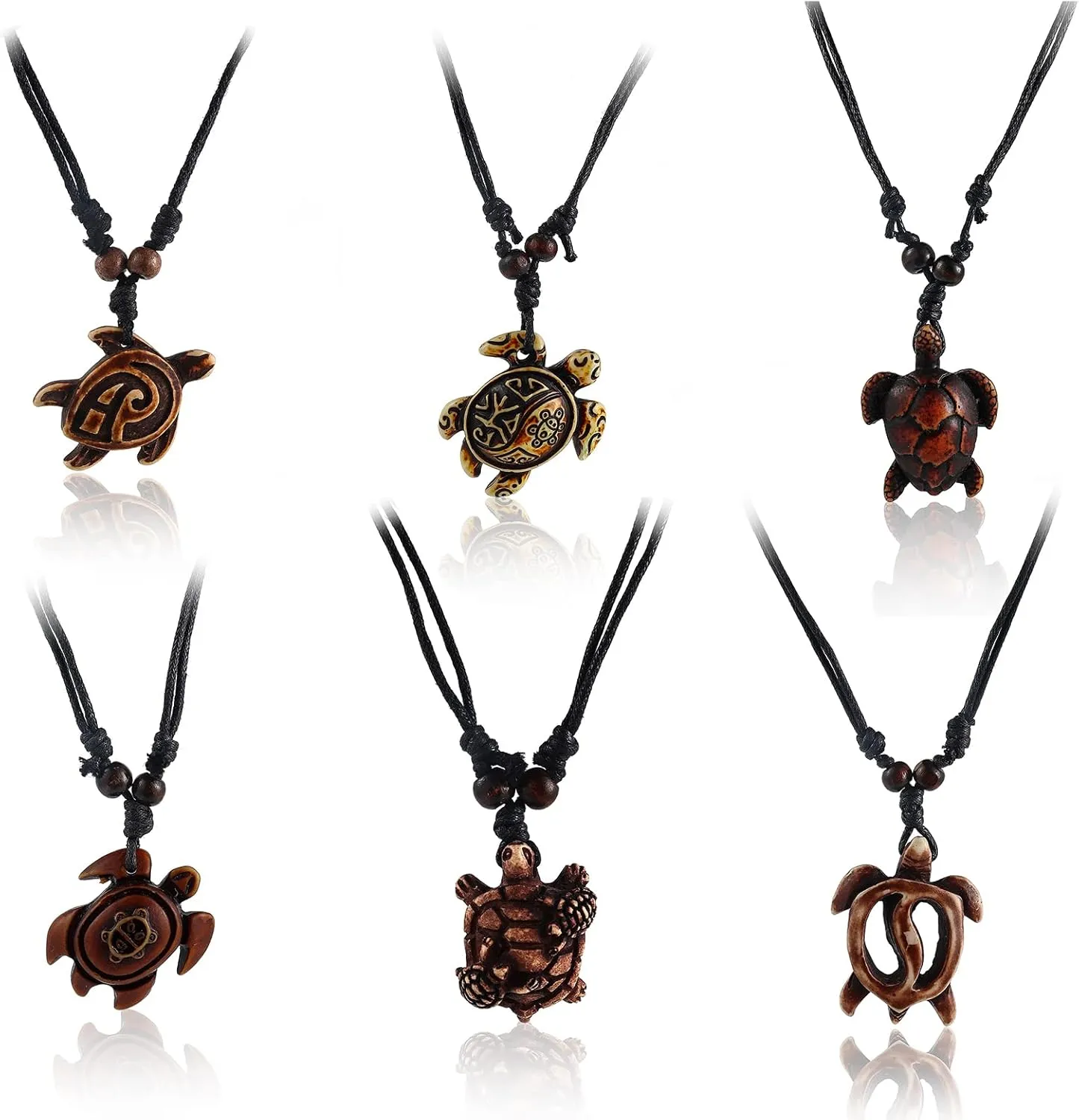 Fuqimanman2020 6pcs Artificial Bone Carving Sea Turtles Pendant Necklaces Set Hand Carved Adjustable Rope Cotton Yin Yang Hawaiian Surfer Natural Ocean Lucky Animals Amulet Jewelry for Women Men