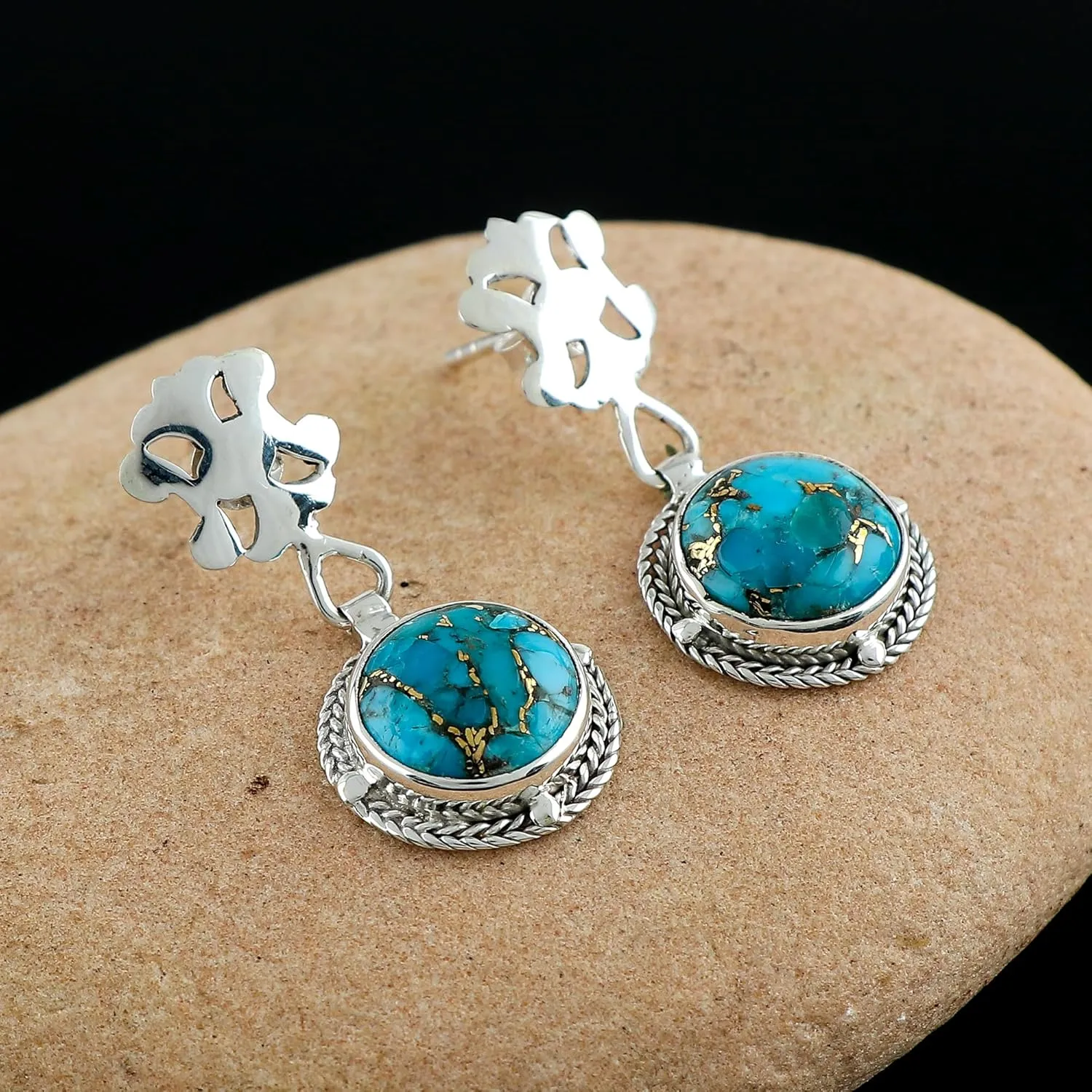 Genuine Turquoise Gemstone Dainty Earrings, 925 Sterling Silver, Handmade, Statement, Bohomian, Women Jewelry, Minimalist, Bridal Birthstone Earring, Gift