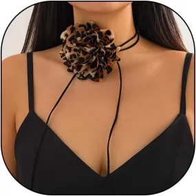 GIGB PBDK Brown Large Leopard Print Flower Lace Knot Choker Necklace, Black Wax Rope Leather String Long Necklace, Adjustable Handmade Velvet Jewelry