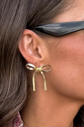 Gold Metal Herringbone Chain Bow Earrings