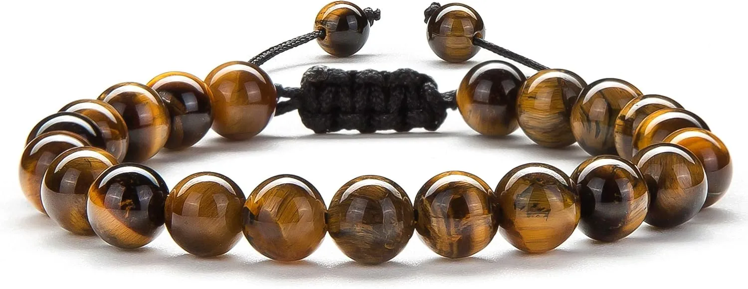 Hamoery Men Women 8mm Tiger Eye Stone Beads Bracelet Elastic Natural Stone Yoga Bracelet Bangle