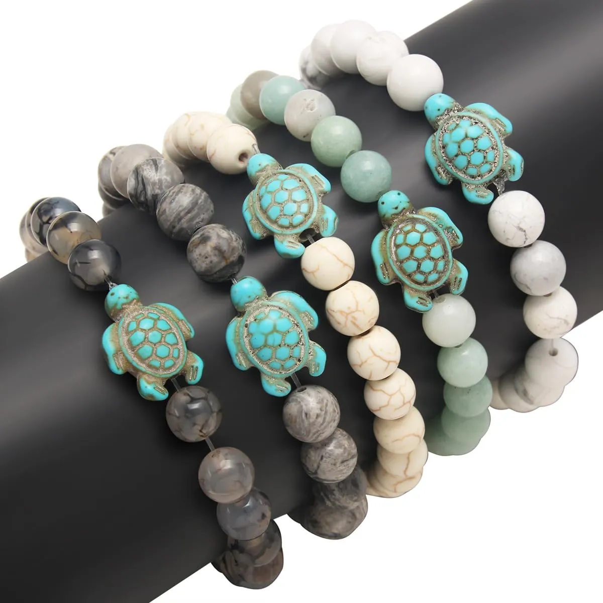 Handmade Colorful Sea Turtles BeadsTurquoise Natutal Stone Elastic Stretch Bracelet Friendship Couple Adjustable Rope Bangle Jewelry for Women