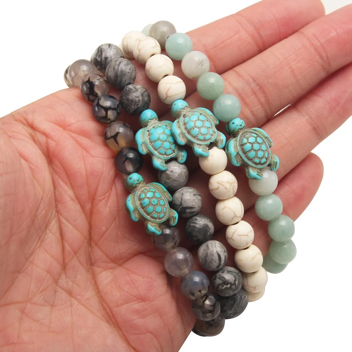 Handmade Colorful Sea Turtles BeadsTurquoise Natutal Stone Elastic Stretch Bracelet Friendship Couple Adjustable Rope Bangle Jewelry for Women