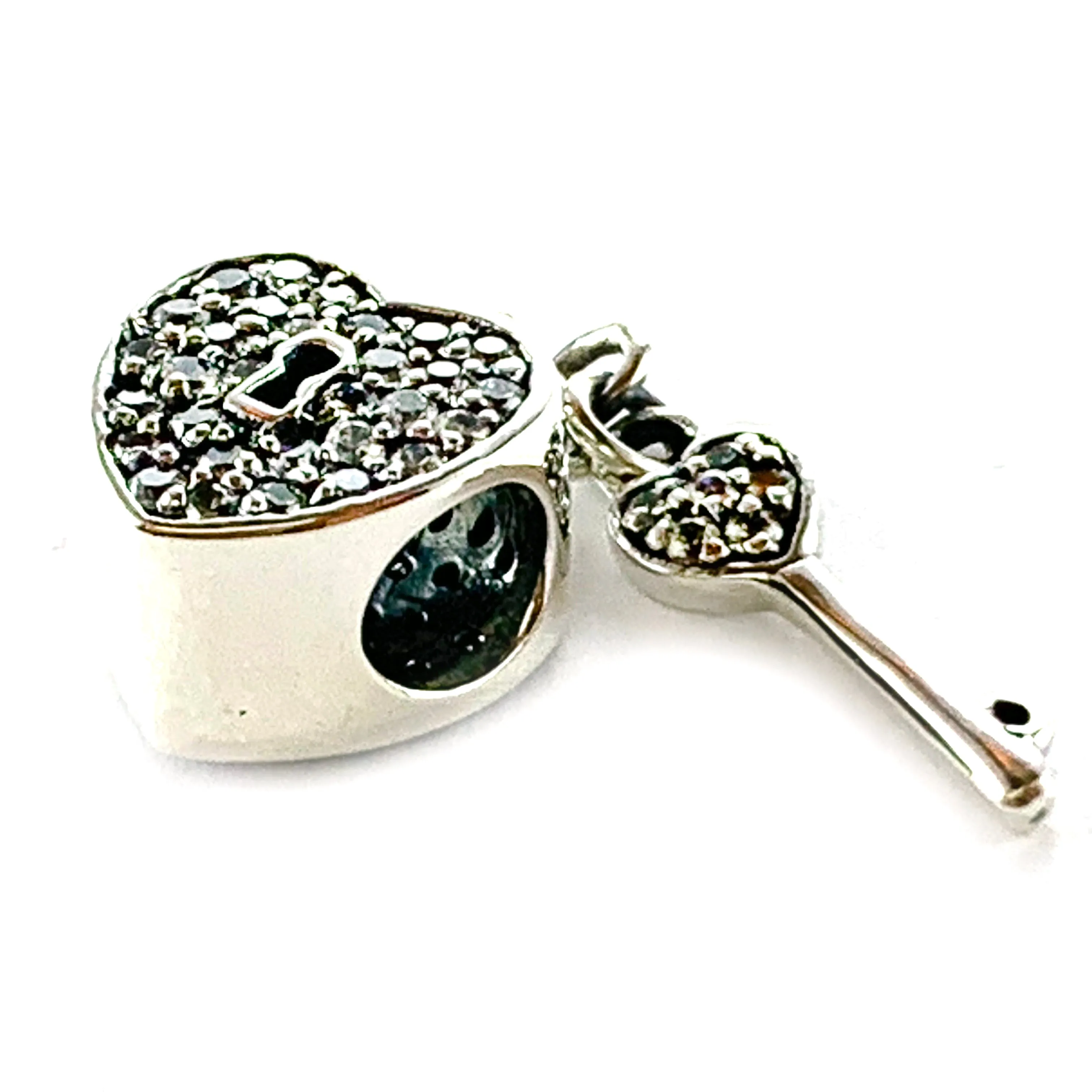 Heart & lock silver beads with white CZ