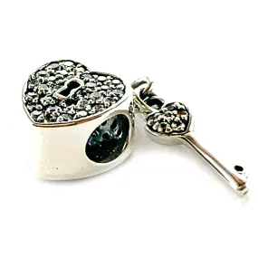 Heart & lock silver beads with white CZ