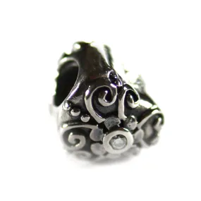 Heart silver beads with flower pattern & CZ