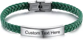 INBLUE Personalized Leather Bracelet Engraved Name/Text Bracelet for Men Father Friend Stainless Steel Tag Adjustable Braided Rope Bracelet Fashion Jewelry Gift for Anniversary Friendship