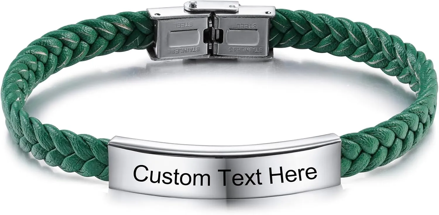 INBLUE Personalized Leather Bracelet Engraved Name/Text Bracelet for Men Father Friend Stainless Steel Tag Adjustable Braided Rope Bracelet Fashion Jewelry Gift for Anniversary Friendship