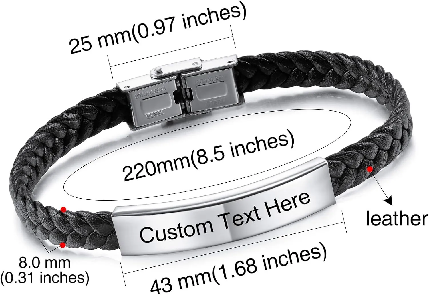 INBLUE Personalized Leather Bracelet Engraved Name/Text Bracelet for Men Father Friend Stainless Steel Tag Adjustable Braided Rope Bracelet Fashion Jewelry Gift for Anniversary Friendship