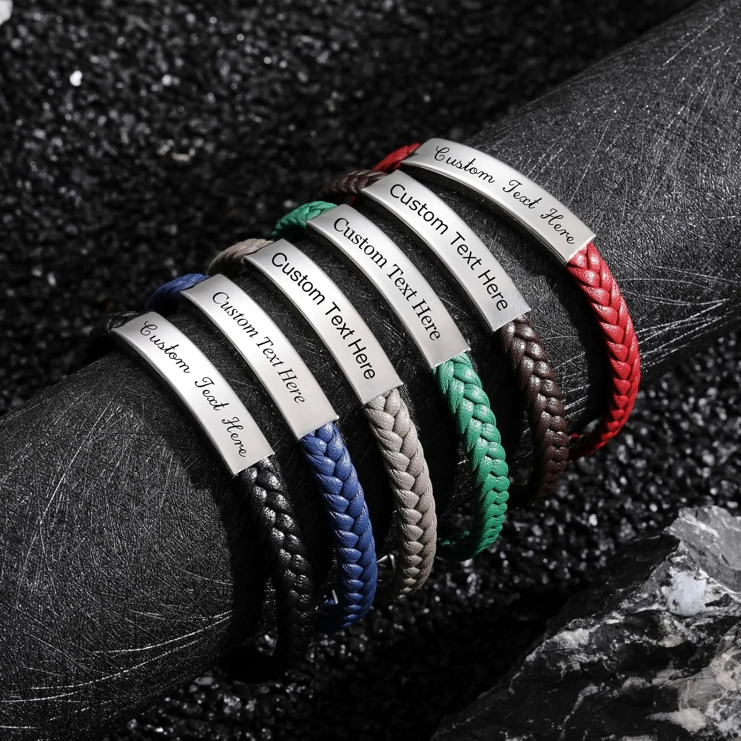 INBLUE Personalized Leather Bracelet Engraved Name/Text Bracelet for Men Father Friend Stainless Steel Tag Adjustable Braided Rope Bracelet Fashion Jewelry Gift for Anniversary Friendship