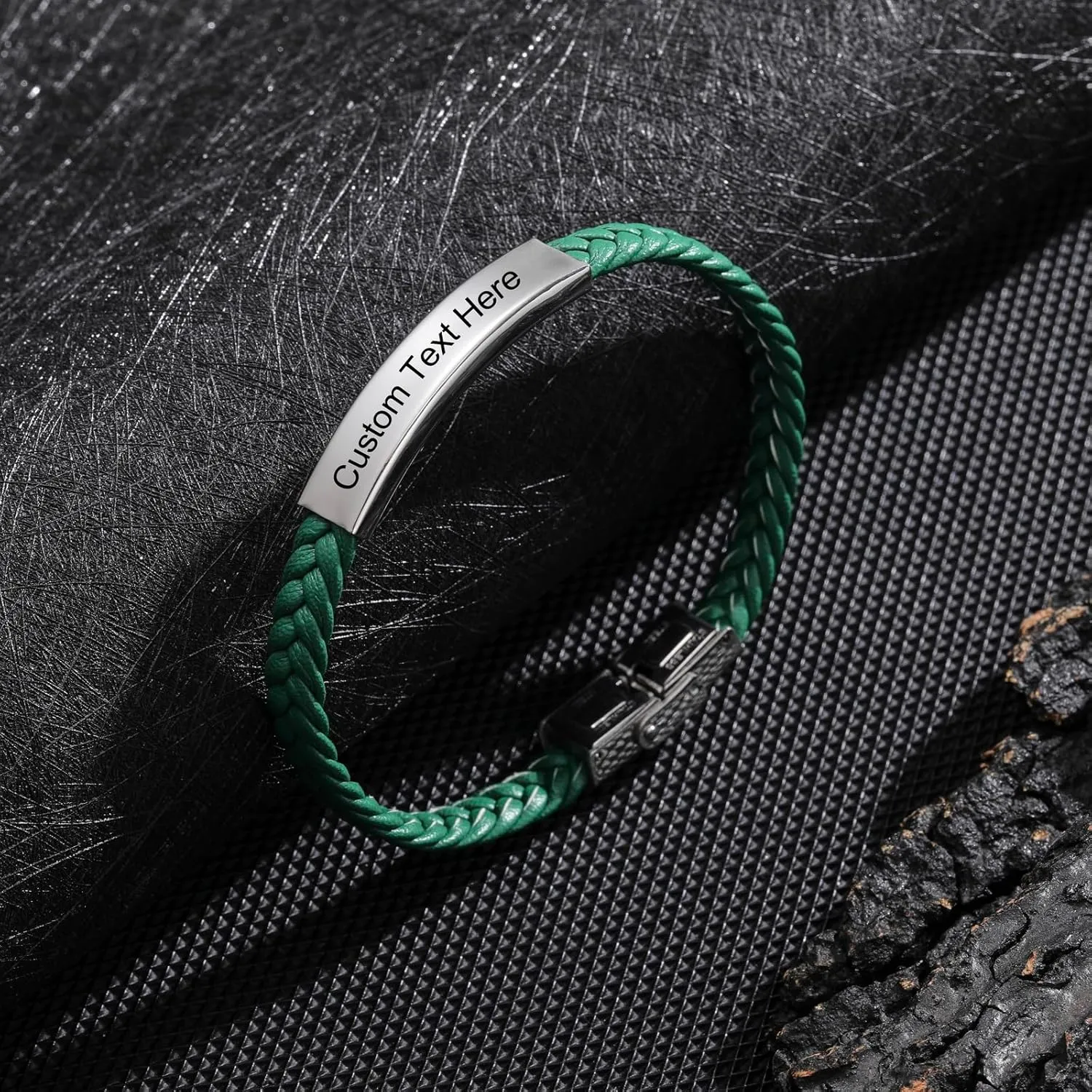 INBLUE Personalized Leather Bracelet Engraved Name/Text Bracelet for Men Father Friend Stainless Steel Tag Adjustable Braided Rope Bracelet Fashion Jewelry Gift for Anniversary Friendship