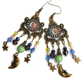 Lightweight Colorful Hand Painted Accents Whimsical Boho Sun Moon and Stars Beaded Dangle Chandelier Earrings Bohemian Jewelry for Women
