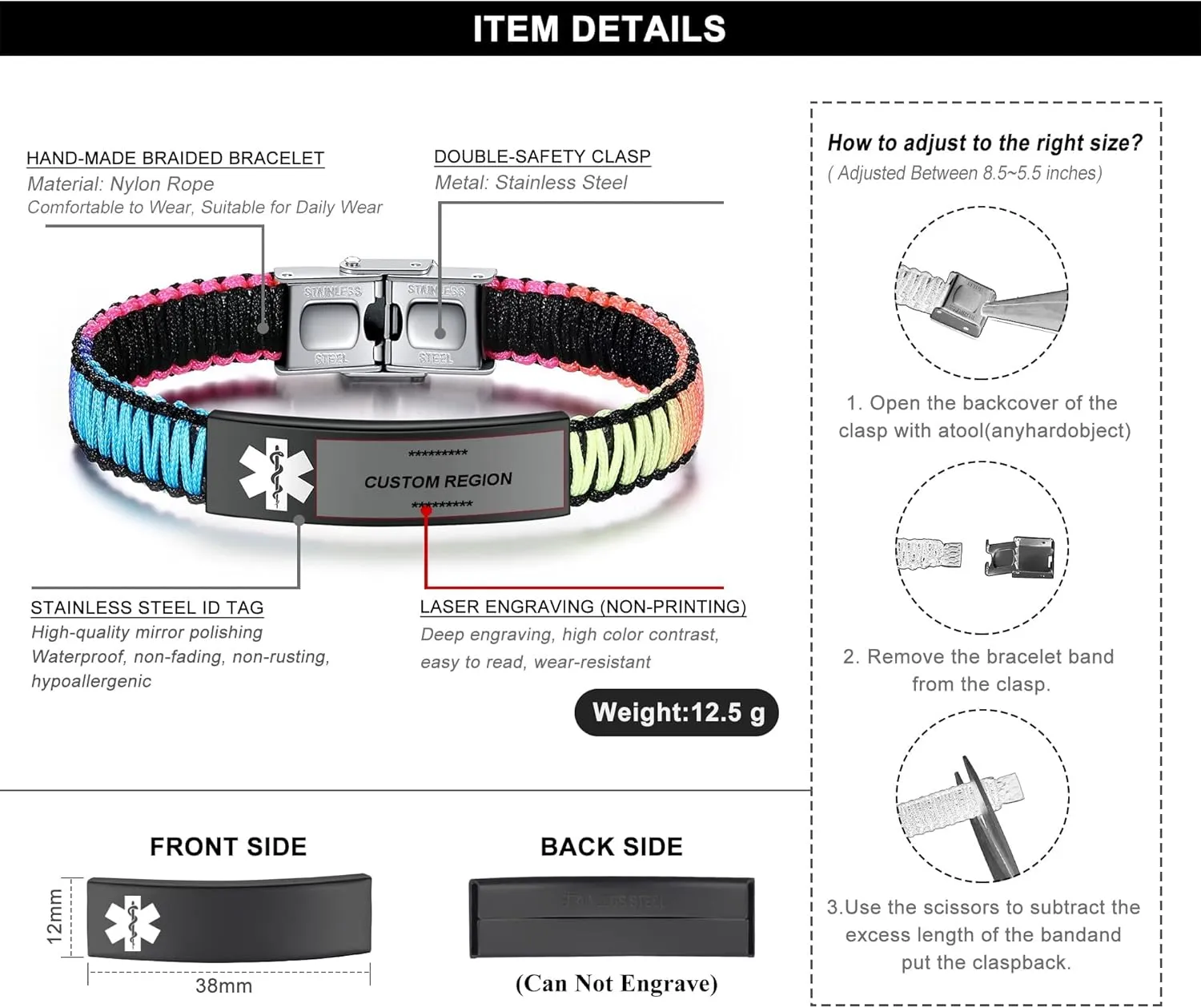 Medical Alert Bracelet for Women | T1D T2D Diabetes Epilepsy Medical Alert ID Emergency Bracelet for Girls & Boys | Handmade Nylon Rope Braided Bracelets, Adjustable
