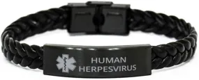 Medical Alert Braided Leather Bracelet, Human Herpesvirus Awareness, SOS Emergency Health Life Alert ID Engraved Stainless Steel Jewelry Silver Bracelet for Men Women Kis