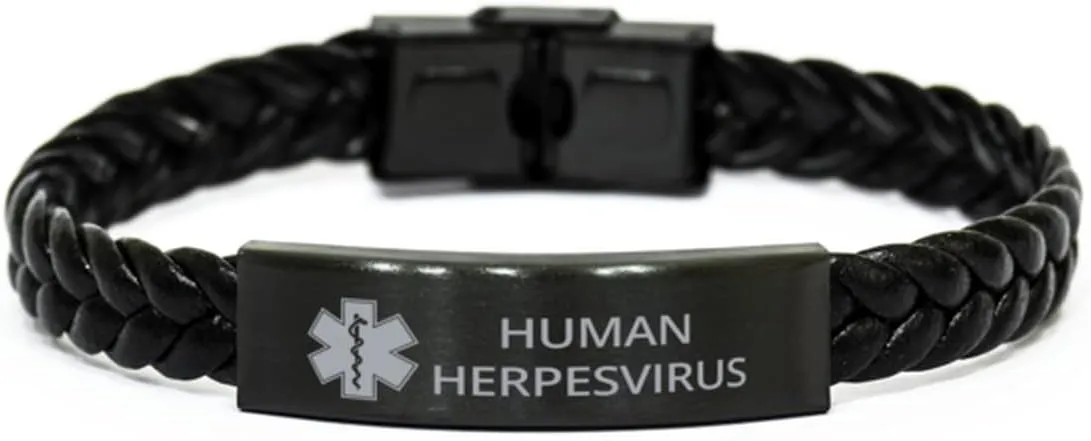 Medical Alert Braided Leather Bracelet, Human Herpesvirus Awareness, SOS Emergency Health Life Alert ID Engraved Stainless Steel Jewelry Silver Bracelet for Men Women Kis