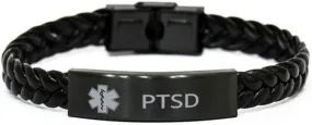 Medical Alert Braided Leather Bracelet, PTSD Awareness, SOS Emergency Health Life Alert ID Engraved Stainless Steel Jewelry Silver Bracelet for Men Women Kis