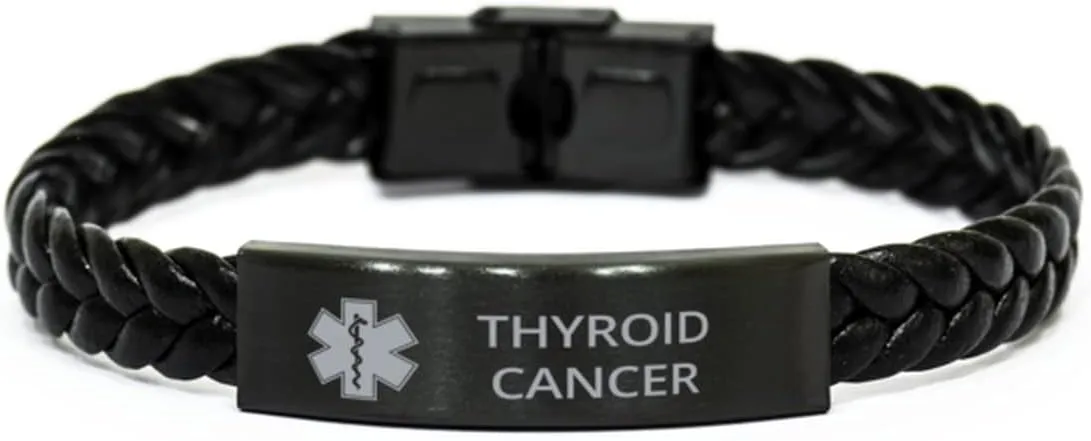 Medical Alert Braided Leather Bracelet, Thyroid Cancer Awareness, SOS Emergency Health Life Alert ID Engraved Stainless Steel Jewelry Silver Bracelet for Men Women Kis
