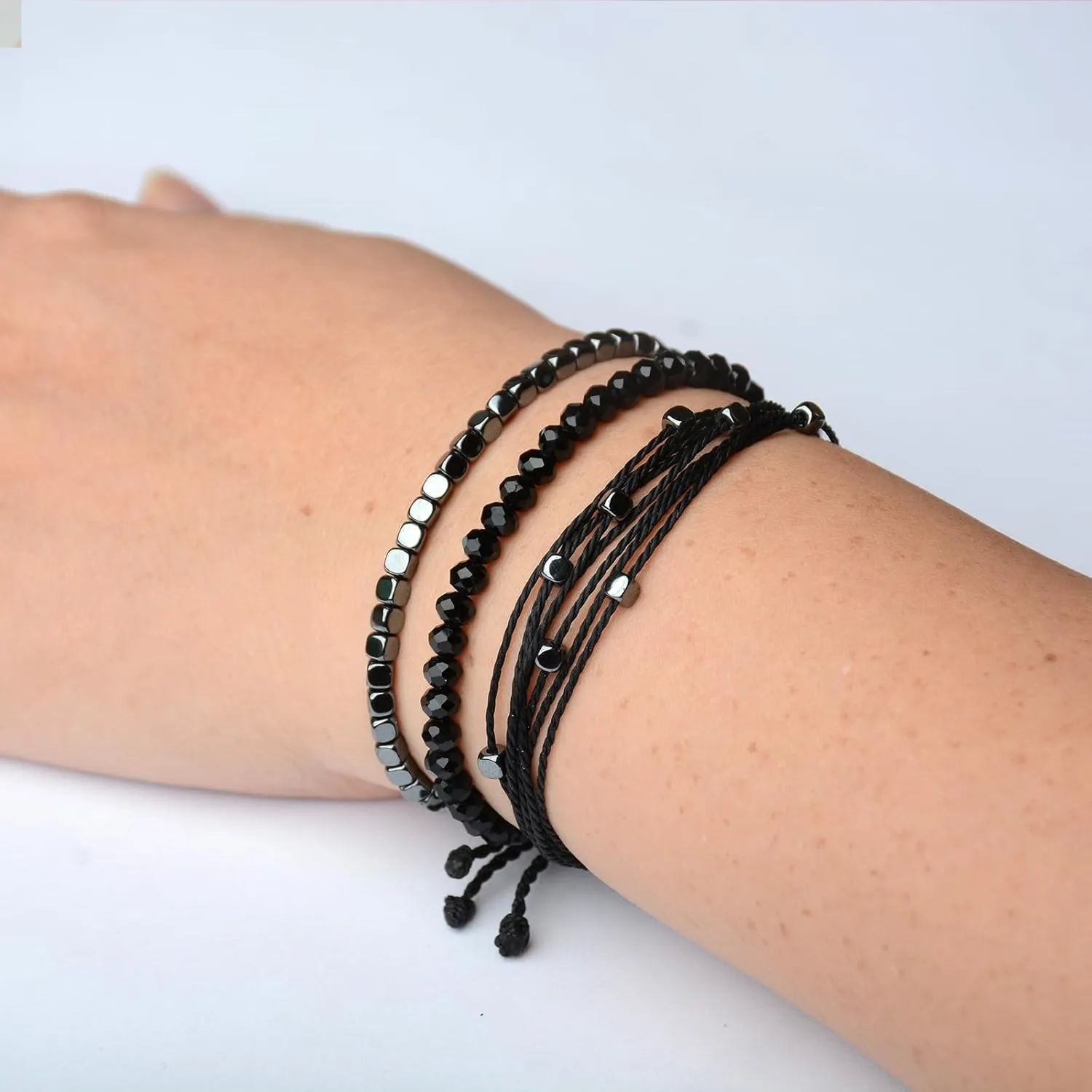 Mezcla Vida 3 Pcs Handmade Women's Stackable Bracelet Set, Adjustable Rope Bracelets Bracelets with Hematite and Glass Beads