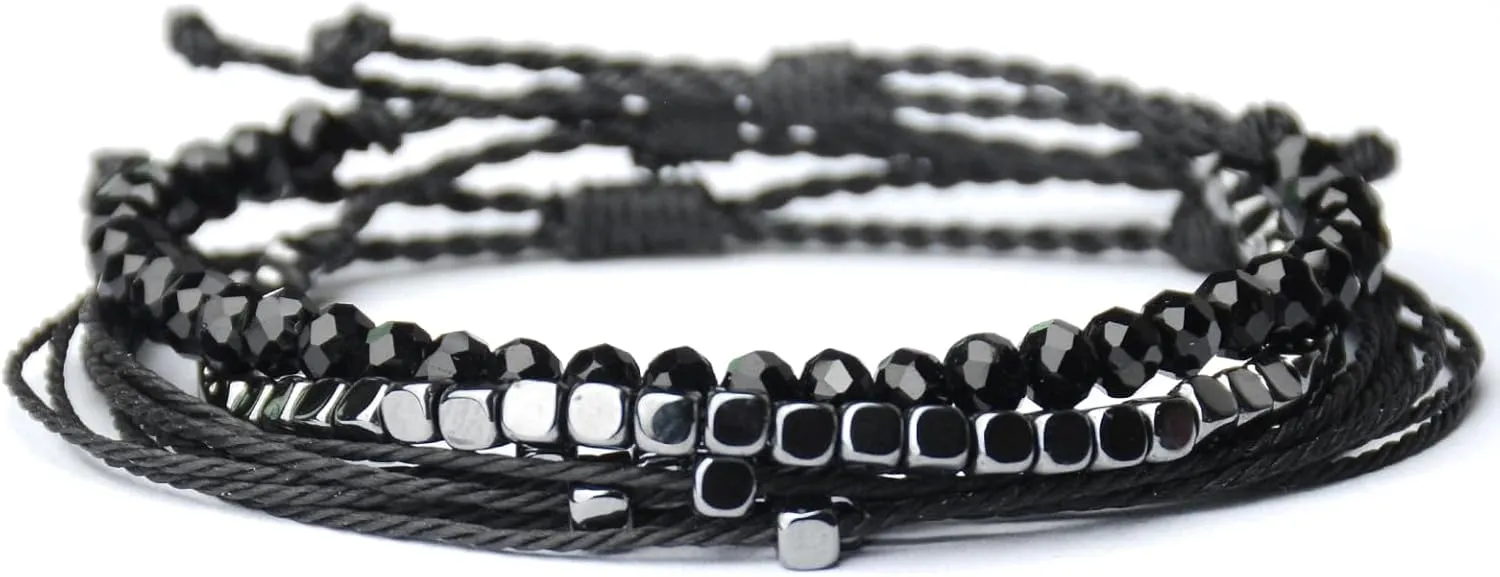 Mezcla Vida 3 Pcs Handmade Women's Stackable Bracelet Set, Adjustable Rope Bracelets Bracelets with Hematite and Glass Beads