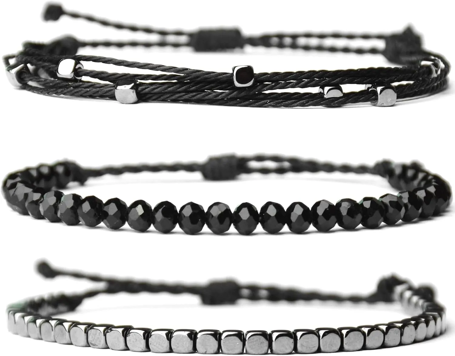 Mezcla Vida 3 Pcs Handmade Women's Stackable Bracelet Set, Adjustable Rope Bracelets Bracelets with Hematite and Glass Beads