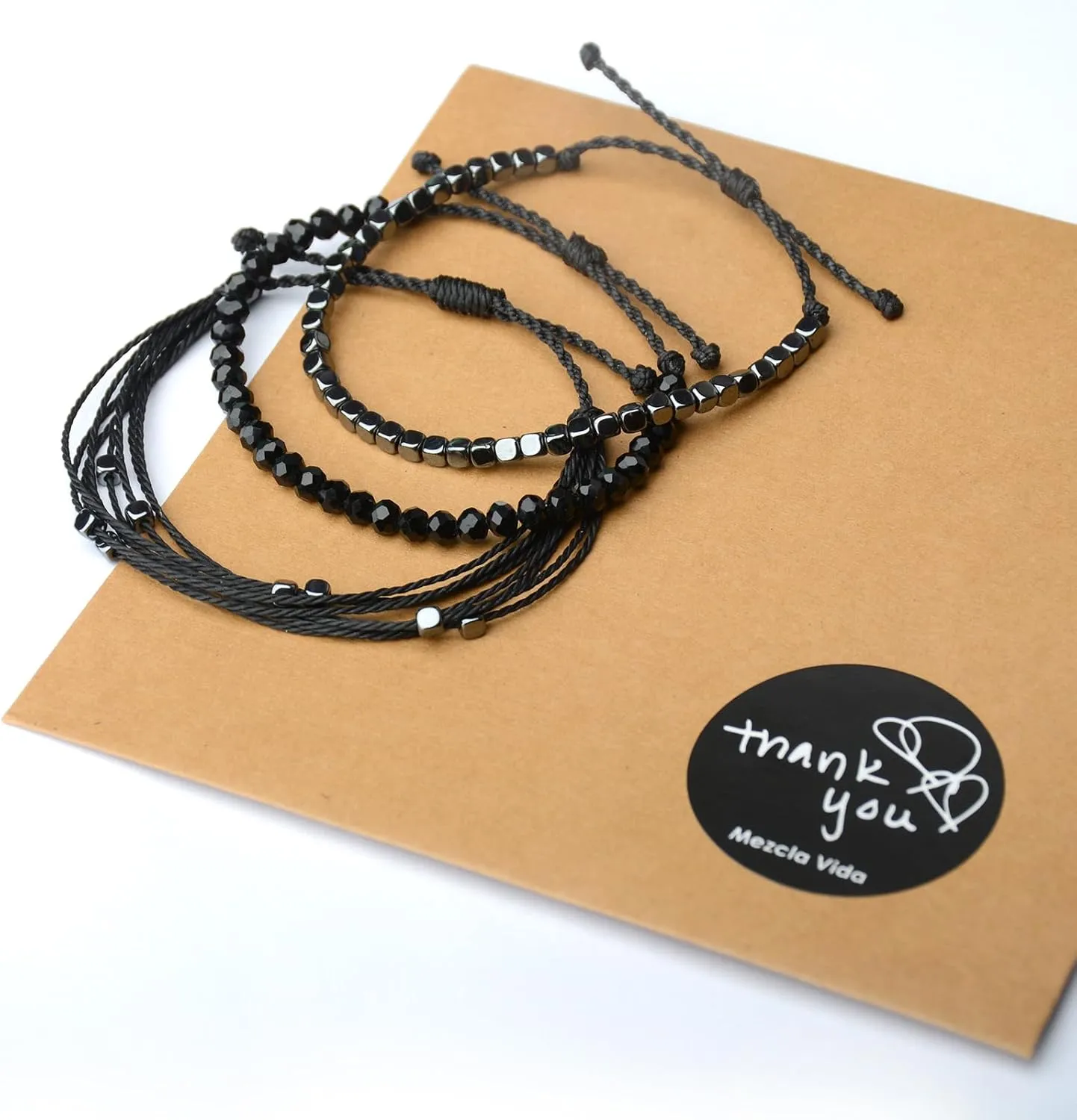 Mezcla Vida 3 Pcs Handmade Women's Stackable Bracelet Set, Adjustable Rope Bracelets Bracelets with Hematite and Glass Beads