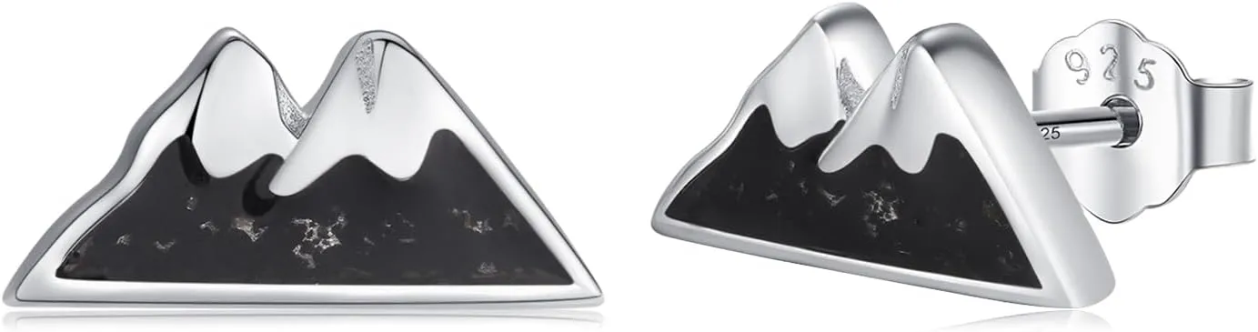 Mountain Stud Earrings for Women 925 Sterling Silver Black Onyx Crushed Stone Mountain Range Earrings Jewelry Gifts for Hikers Climbers and Nature Lover