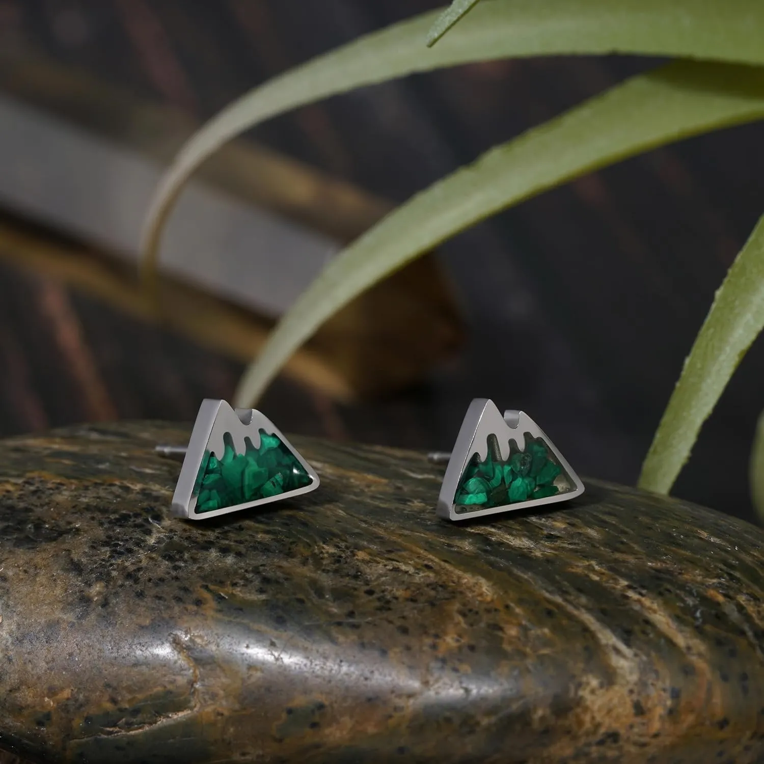 Mountain Stud Earrings for Women - Small Gemstone Chips Filled Range Earrings - Stainless Steel Snow Mountain Studs - Jewelry Gift