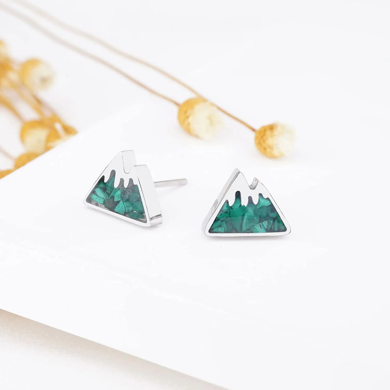 Mountain Stud Earrings for Women - Small Gemstone Chips Filled Range Earrings - Stainless Steel Snow Mountain Studs - Jewelry Gift