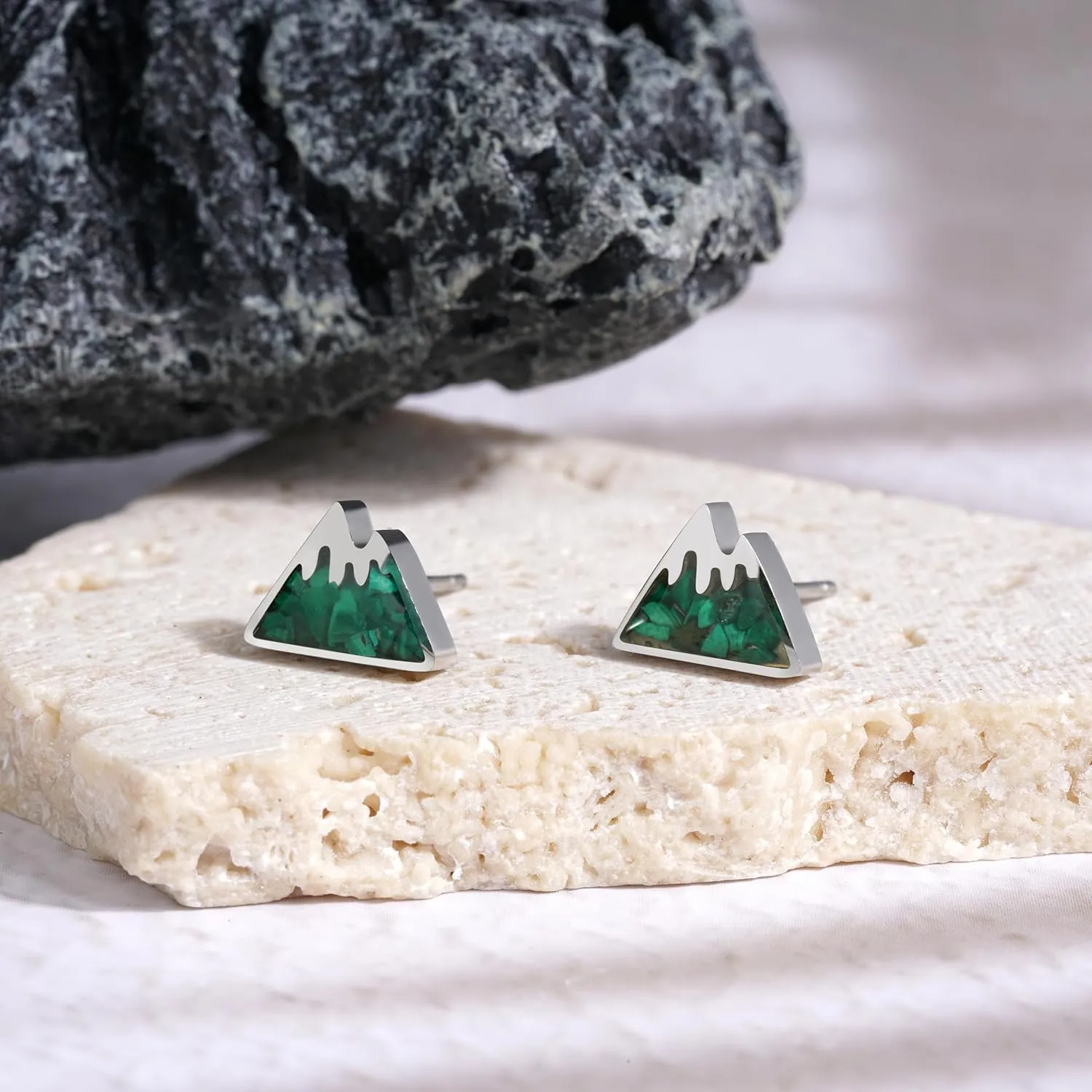 Mountain Stud Earrings for Women - Small Gemstone Chips Filled Range Earrings - Stainless Steel Snow Mountain Studs - Jewelry Gift