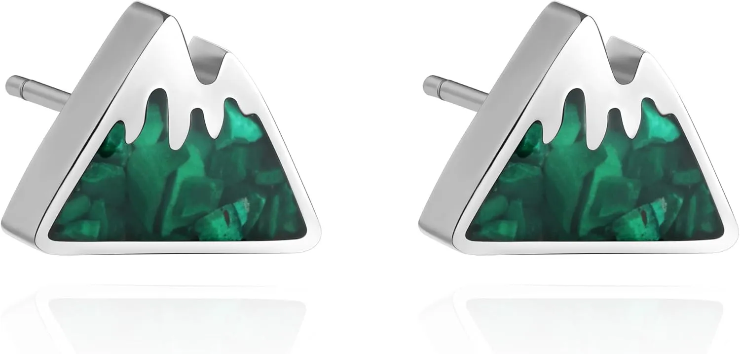 Mountain Stud Earrings for Women - Small Gemstone Chips Filled Range Earrings - Stainless Steel Snow Mountain Studs - Jewelry Gift