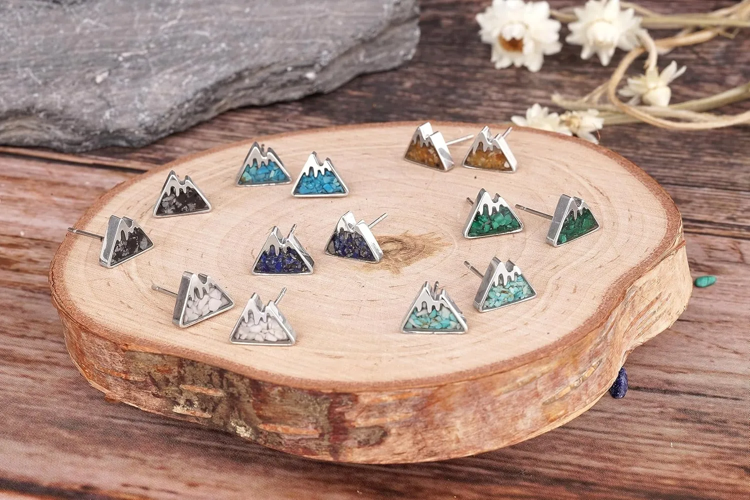 Mountain Stud Earrings for Women - Small Gemstone Chips Filled Range Earrings - Stainless Steel Snow Mountain Studs - Jewelry Gift