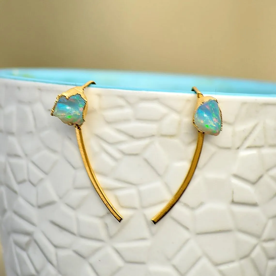 Natural Fire Opal Climber Earrings - Stunning Gemstone Climbers - Brass Women's Earrings - Minimalist and Gorgeous - Perfect Gifts for Her. GFS3533 (SILVER)