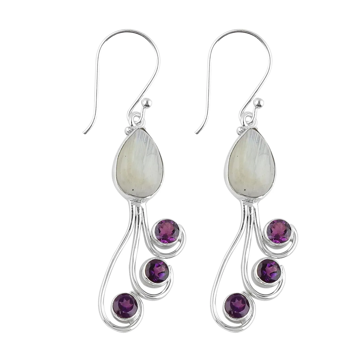 Natural Moonstone & Amethyst Gemstones Earrings, 925 Sterling Silver, Handmade Earrings, Birthstone, Crystals Dangle Jewelry, Bridal Minimalist Earrings for Women