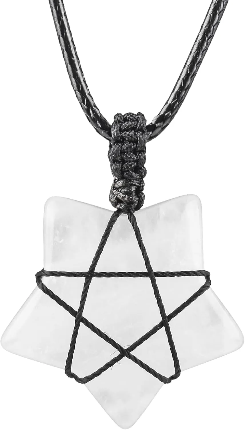 Natural Stone Five Star Pendant Necklace for Women Men, Hand Made Crystal Point Healing Chaka Reiki Amulet Adjustable 17-30 Inches