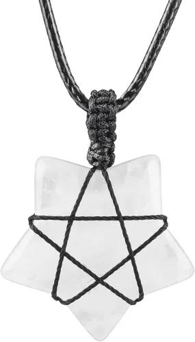 Natural Stone Five Star Pendant Necklace for Women Men, Hand Made Crystal Point Healing Chaka Reiki Amulet Adjustable 17-30 Inches