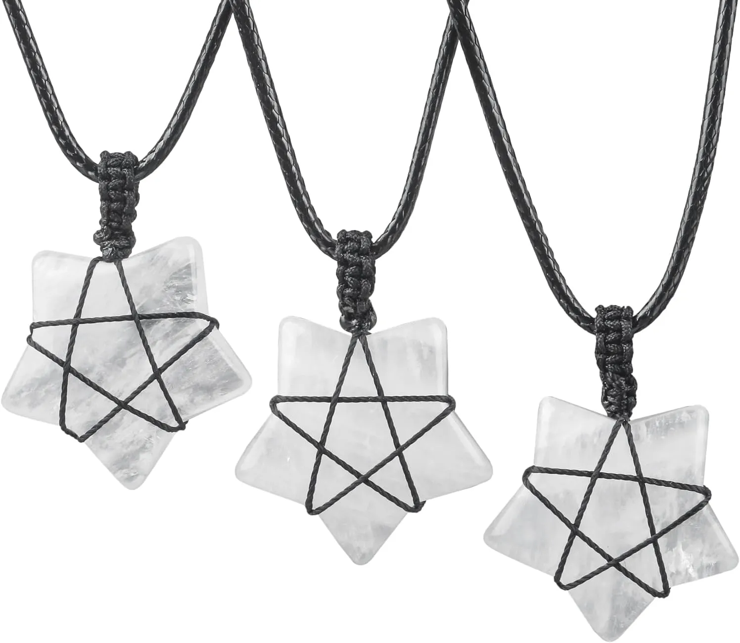 Natural Stone Five Star Pendant Necklace for Women Men, Hand Made Crystal Point Healing Chaka Reiki Amulet Adjustable 17-30 Inches
