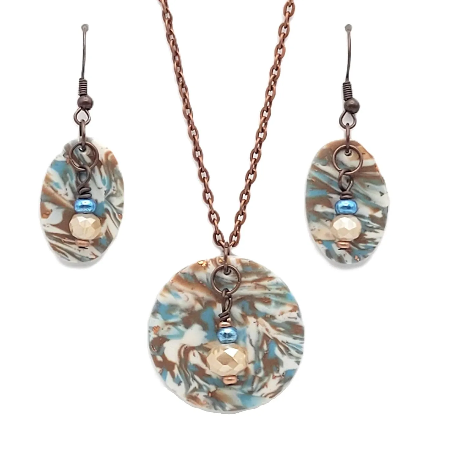 Necklace and Earrings Set - Blue, Brown, Cream, and Brass - Unique Polymer Clay Design - Handmade