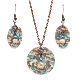 Necklace and Earrings Set - Blue, Brown, Cream, and Brass - Unique Polymer Clay Design - Handmade