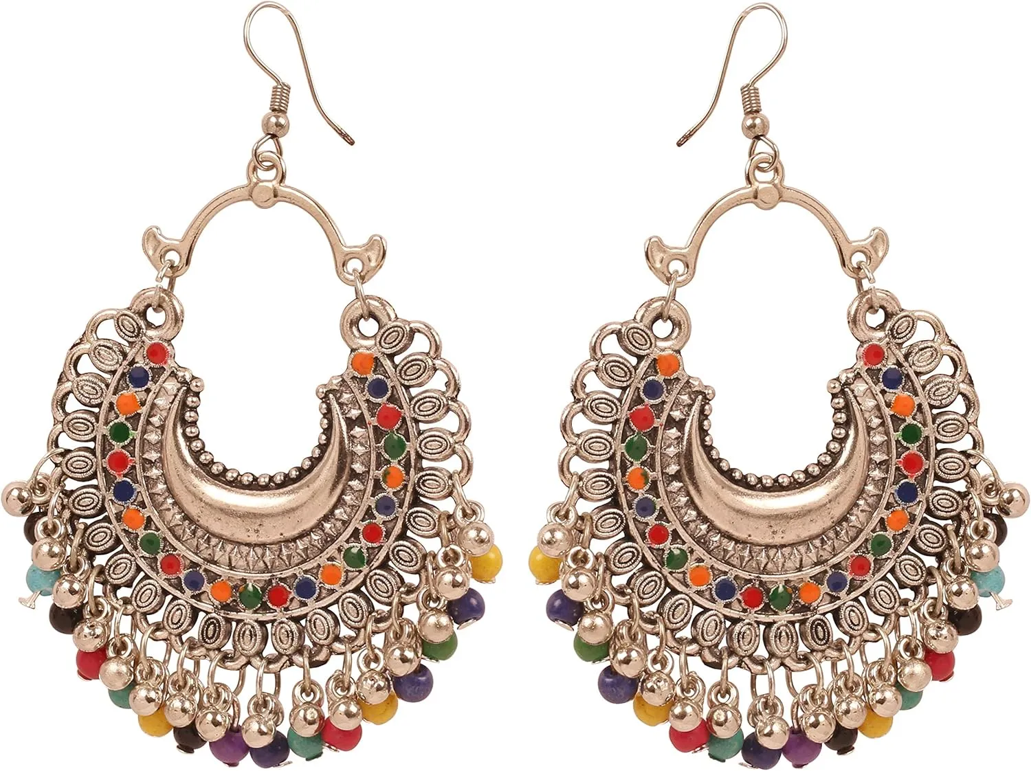 New! Touchstone "Indian Oxidized Jewelry" Handcrafted Fine Etching Filigree Chaand Moon Jaipur Meenakari Enamel Beads Designer Jewelry Earrings In Oxidized Finish For Women.
