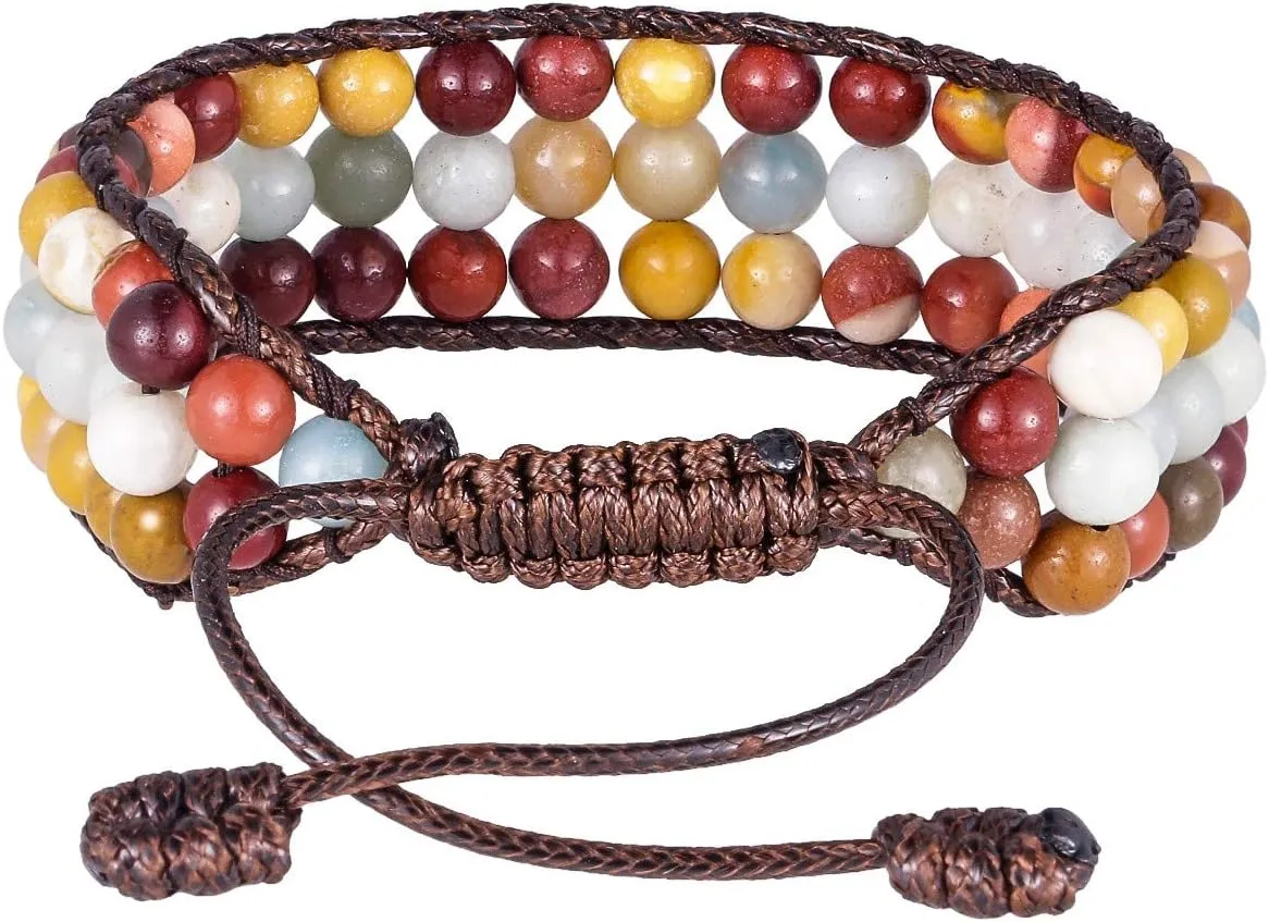 Nupuyai 6mm Chakra Crystal Stone Beads Bracelet for Unisex, 3 Layers Handcrafted Strand Braided Adjustable Yoga Bracelet for Healing