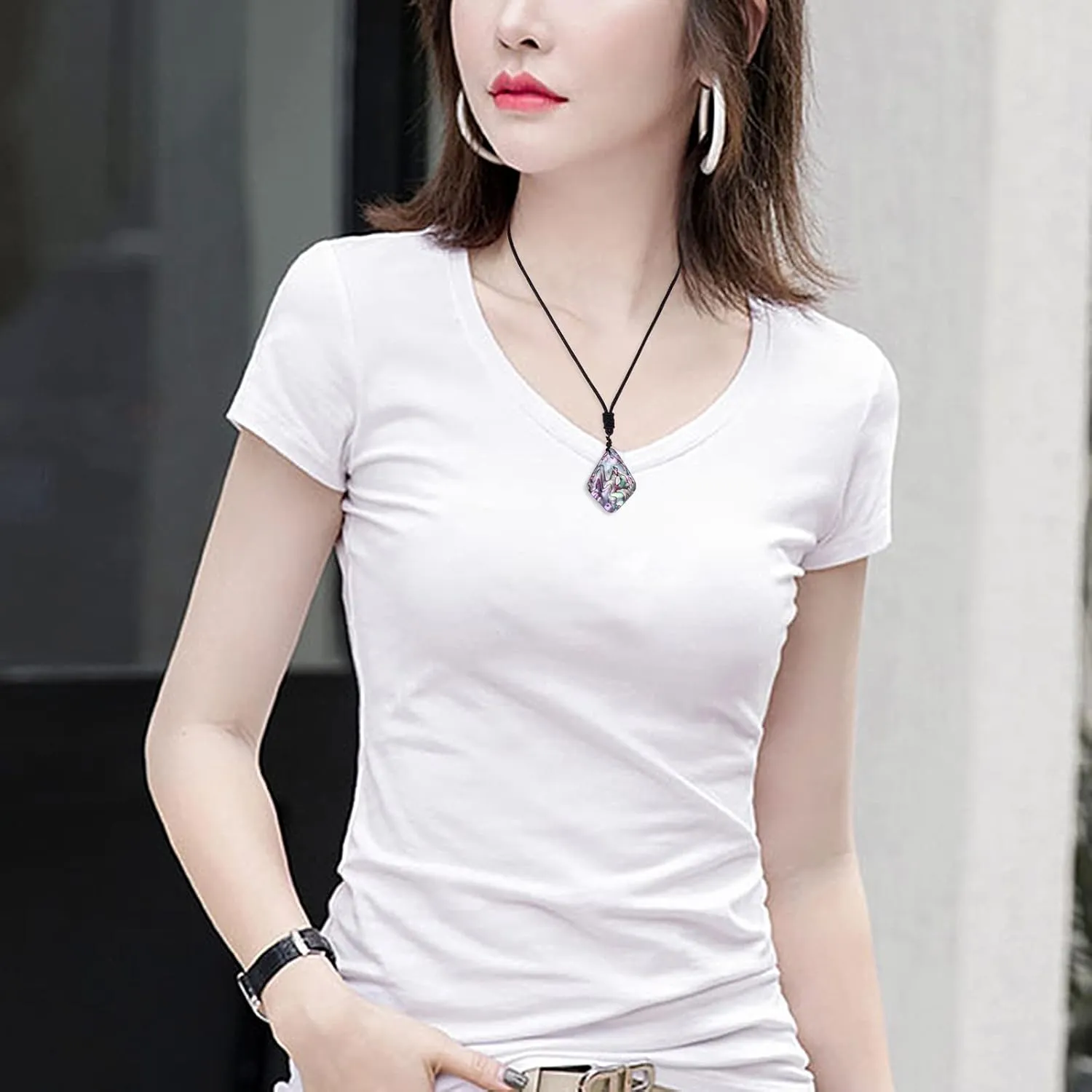 Nupuyai Adjustable Abalone Shell Pendant Necklace for Women Men, Natural Shell Pendant with Black Rope