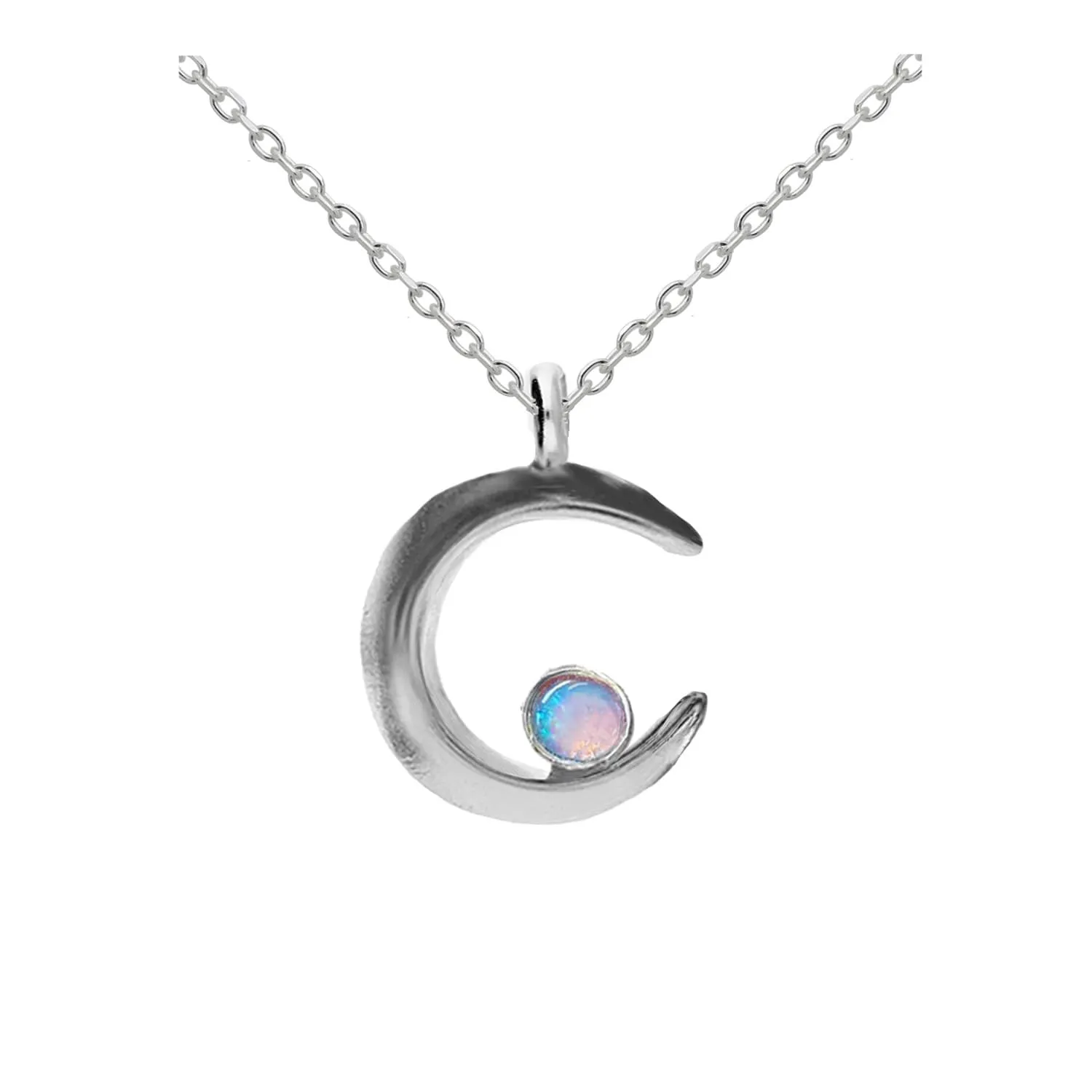 Opal Moon Necklace, Handmade Silver Crescent Moon Pendant Real Opal