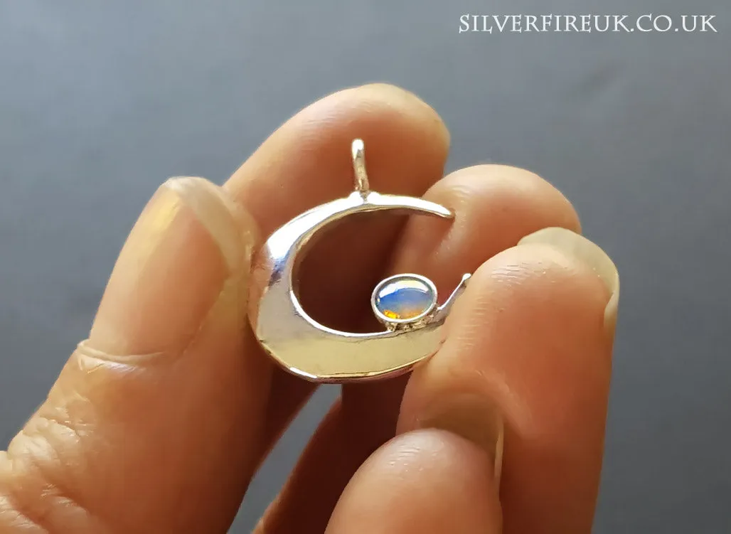 Opal Moon Necklace, Handmade Silver Crescent Moon Pendant Real Opal