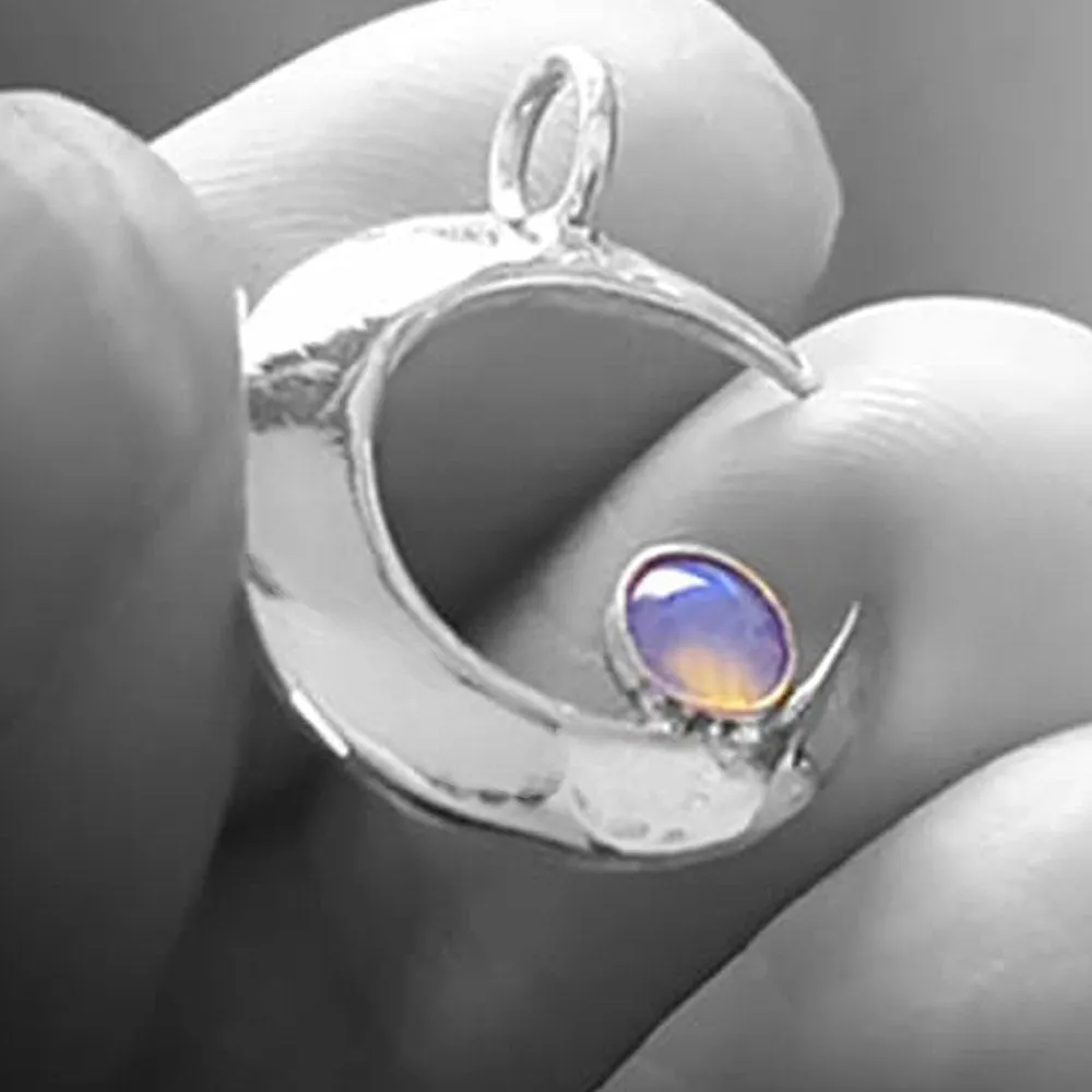Opal Moon Necklace, Handmade Silver Crescent Moon Pendant Real Opal