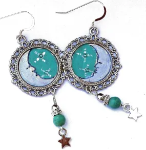 Original Design Handmade Hand Painted Half Crescent Moon and Stars Sterling Silver Ear Wires Turquoise Dangle Earrings with Moonface Art Boho Jewelry Limited Edition Wearable Art