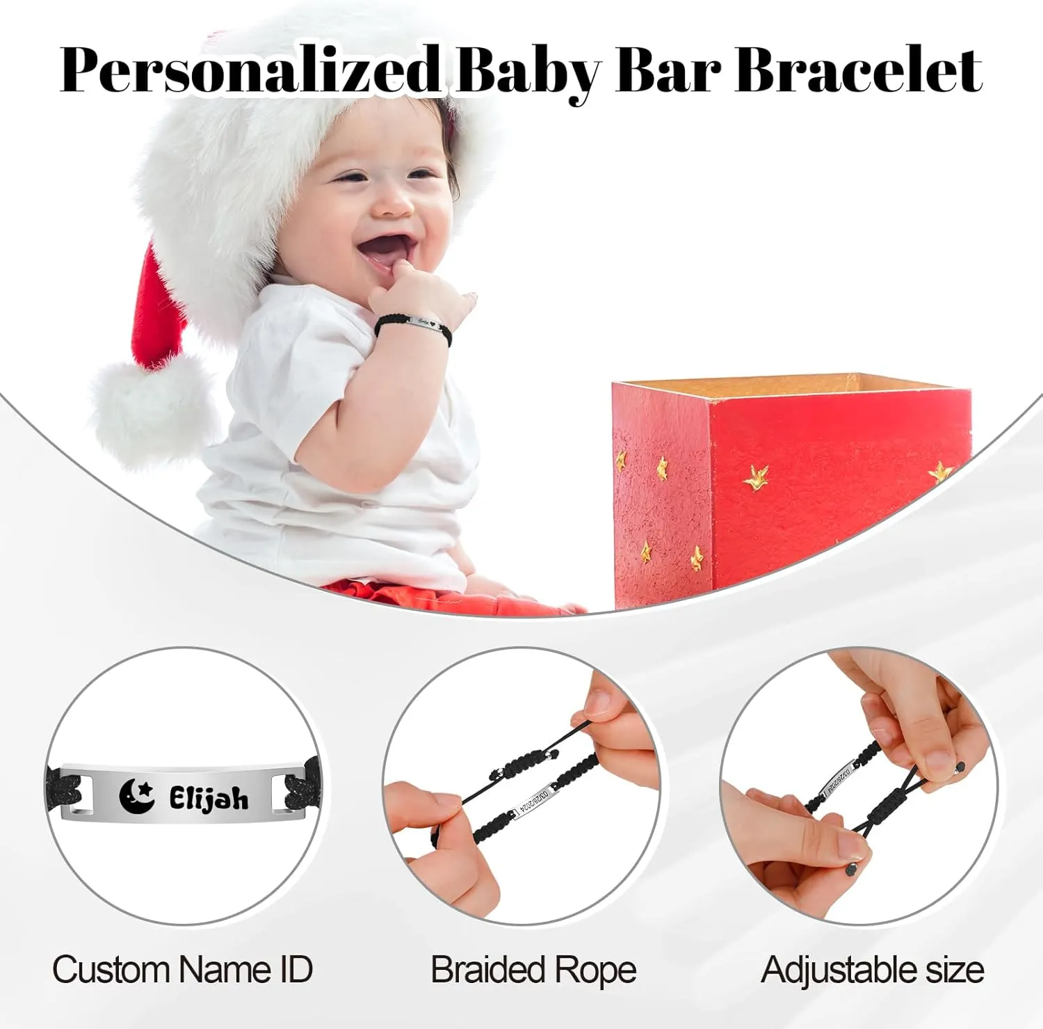 Personalized Baby Bar Bracelet, Personalized Braided Bracelet Adjustable Amulet Bracelet for Children Toddler from Mom, Engraved Kid Name for Daughter Son, New Born Birthday Gift,Nickel free
