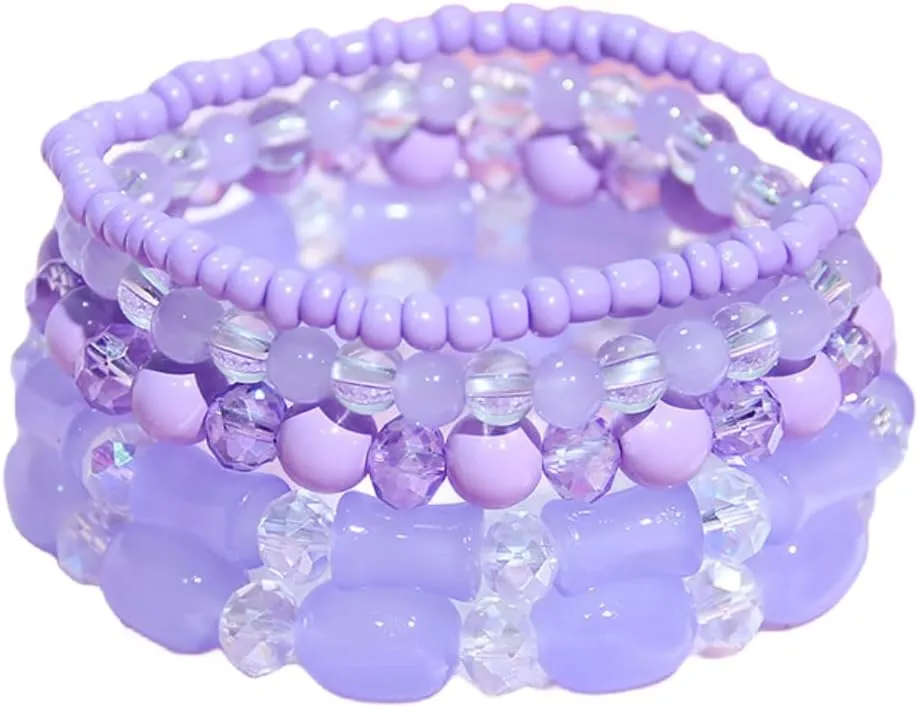Pingyongchang Stackable Multi Layer Bohemian Crystal Bead Bracelets for Women Handmade Colorful Beads Stretch Multilayer Bangles Friendship Beach Anklets Jewelry String Charm Bracelet 5 pieces